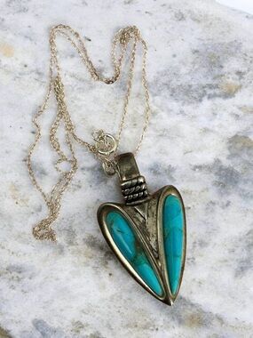 Vintage NK Thailand Sterling Silver 925 Turquoise Heart Arrowhead Necklace